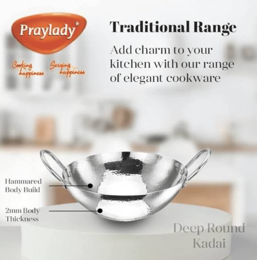 Praylady Stainless Steel Kadai with Handle Traditional Series 2MM Silver - Image 2